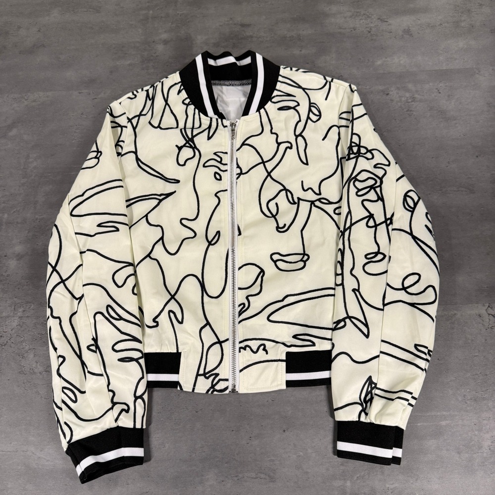 Shein Bomber Jacket Womens Small Abstract Face Line Art Cream Black Streetwear